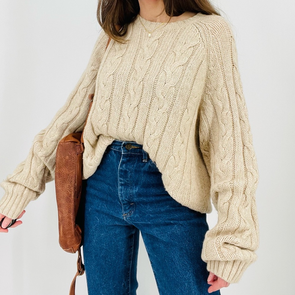 Men's Cable Knit Sweater in Cream - Classic Crewneck